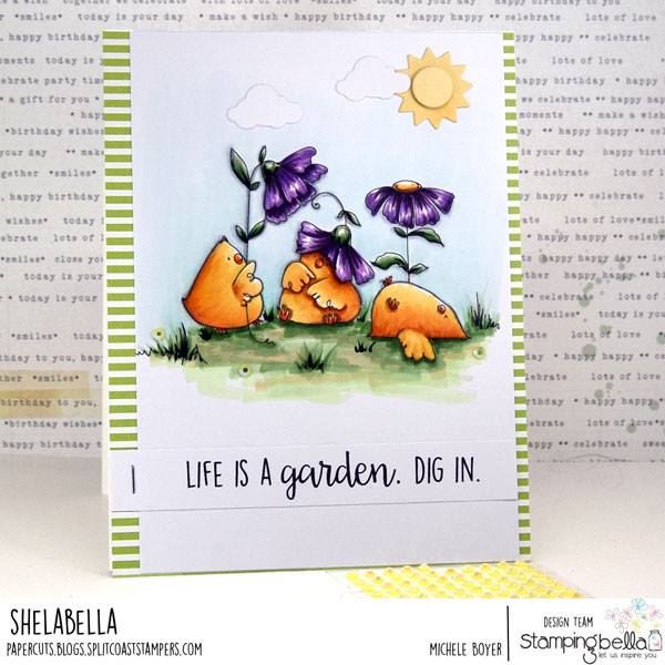 www.stampingbella.com: rubber stamp used GARDENING CHICKS.  Card by  Michele Boyer