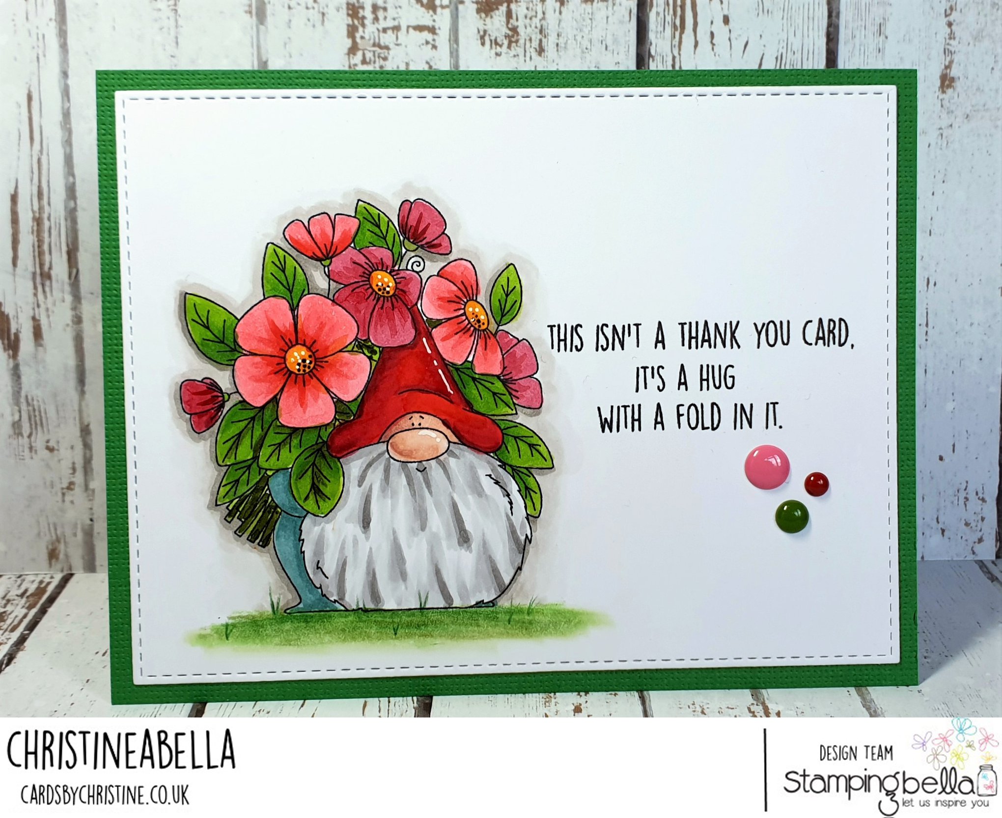 www.stampingbella.com: rubber stamp used: FLOWERY GNOME.  Card made by INGE GROOT