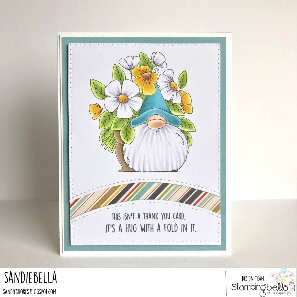 www.stampingbella.com: rubber stamp used: FLOWERY GNOME.  Card made by SANDIE DUNNE