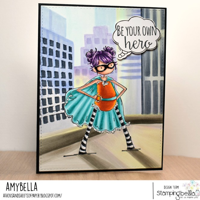 www.stampingbella.com: rubber stamp used TINY TOWNIE HAYLEY THE HERO.  Card by Amy Young