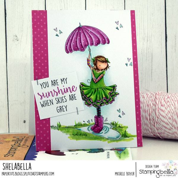 www.stampingbella.com: rubber stamp used: TINY TOWNIE RACHEL LOVES THE RAIN.  Card made by MICHELE BOYER