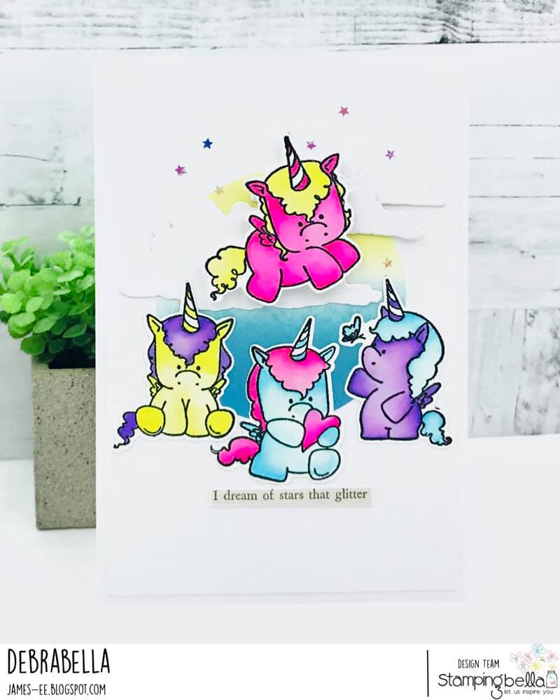 www.stampingbella.com: Rubber stamp used:  SET OF UNICORNS  Card by: DEBRA JAMES