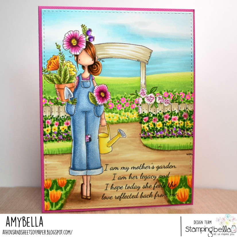 www.stampingbella.com: rubber stamps used: CURVY GIRL GARDENER and GARDEN BACKDROP.  Card by Amy Young.