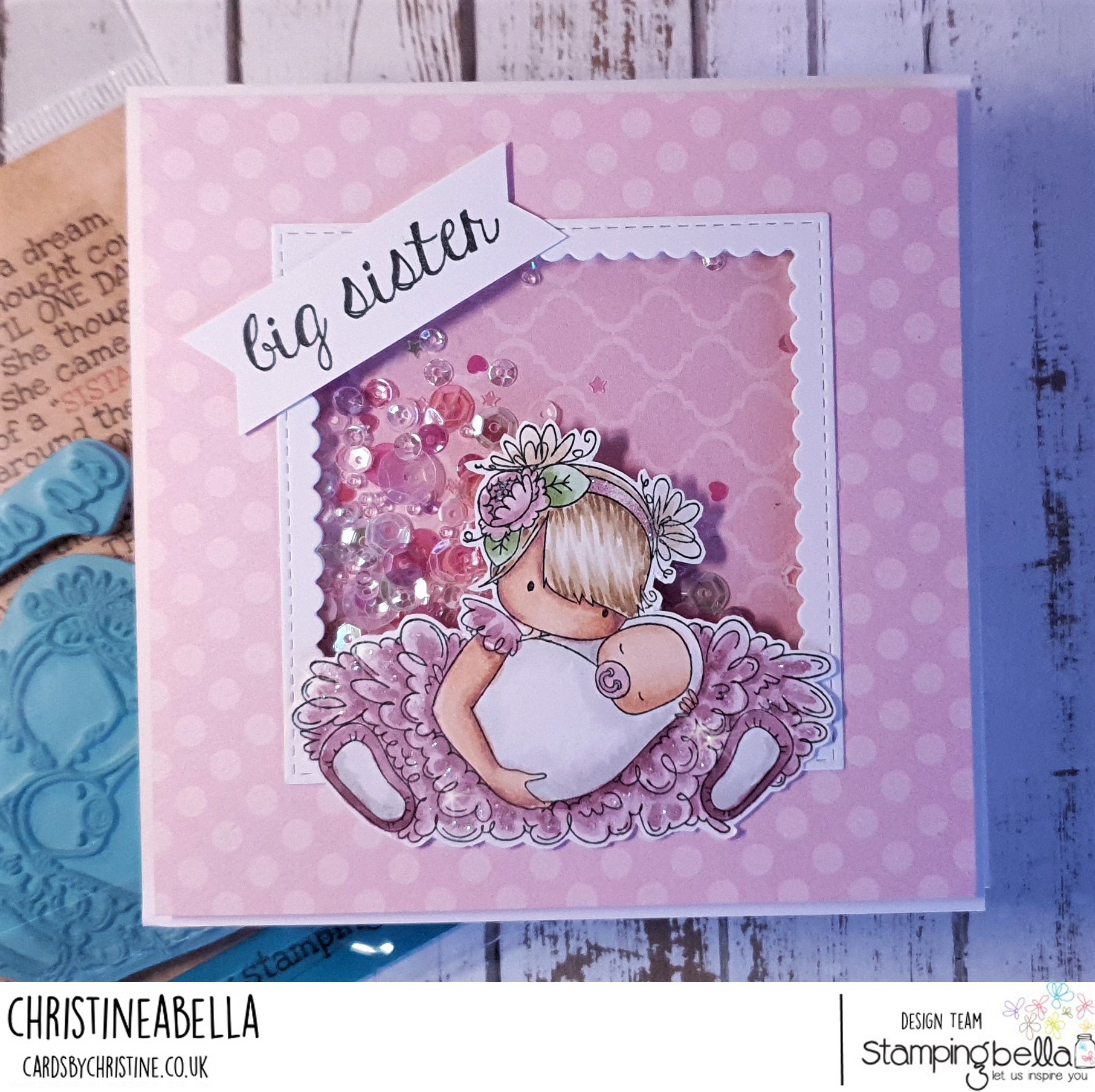 www.stampingbella.com: rubber stamp used: TINY TOWNIE BIG SISTER, card by Christine Levison