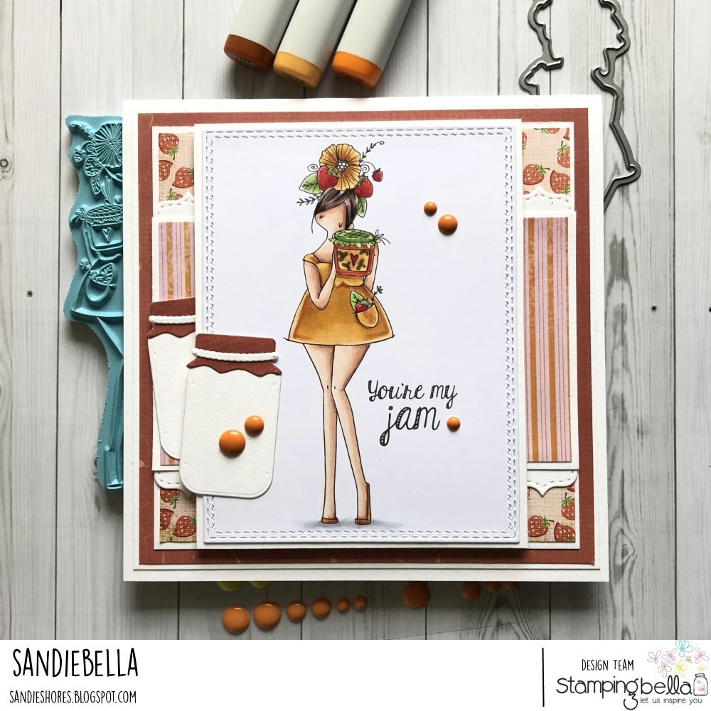 www.stampingbella.com: rubber stamp used CURVY GIRL LOVES JAM.  Card by Sandie Dunne