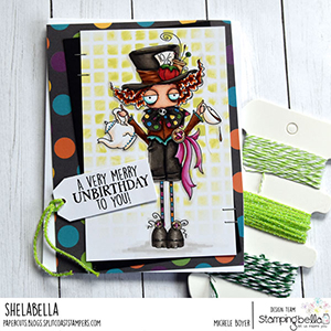  www.stampingbella.com: rubber stamp used ODDBALL MAD HATTER Card by Michele Boyer