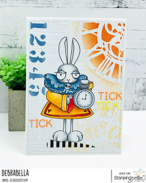 www.stampingbella.com: rubber stamp used ODDBALL WHITE RABBIT Card by Debra James