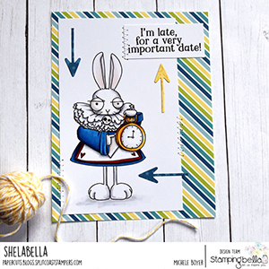 www.stampingbella.com: rubber stamp used ODDBALL WHITE RABBIT Card by Michele Boyer