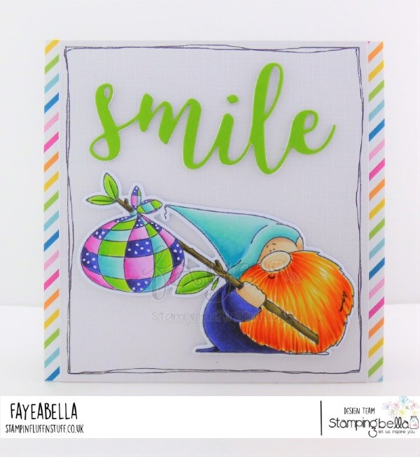 www.stampingbella.com: rubber stamp used: TRAVELING GNOME, card by FAYE WYNN JONES