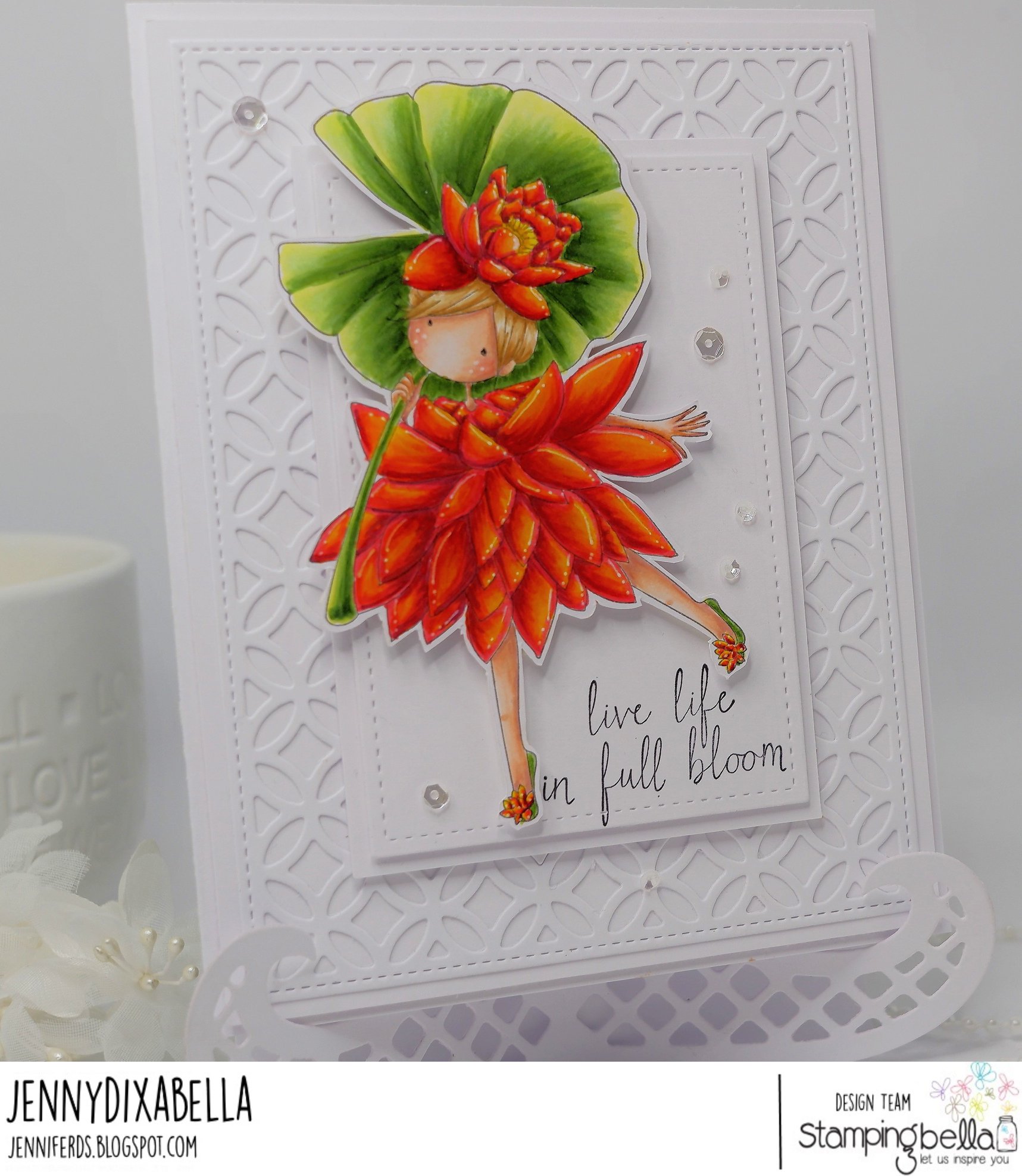 www.stampingbella.com: rubber stamp used TINY TOWNIE GARDEN GIRL WATERLILY. Card by Jenny Dix