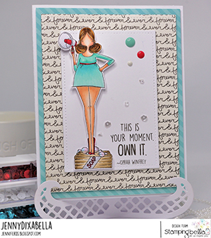 www.stampingbella.com: rubber stamp used: CURVY GIRL WITH A MESSAGE. Card by Jenny Dix