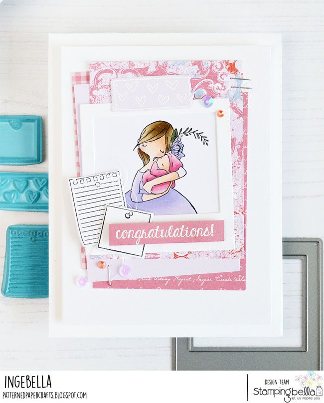 www.stampingbella.com: rubber stamps used:  CURVY GIRL NEWBORN,  corkboard backdrop.  Card by Inge Groot