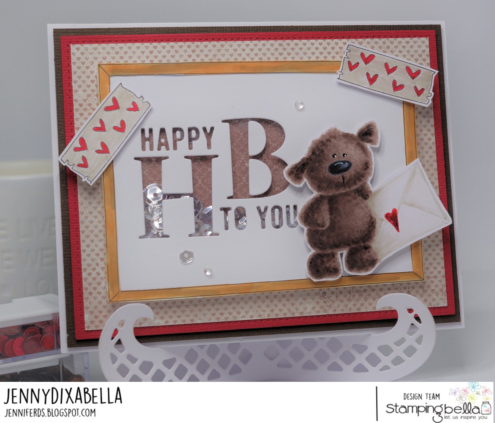 www.stampingbella.com: rubber stamps used:  l  washi tape set, corkboard backdrop and Harry the Stuffie.  Card by Jenny Dix