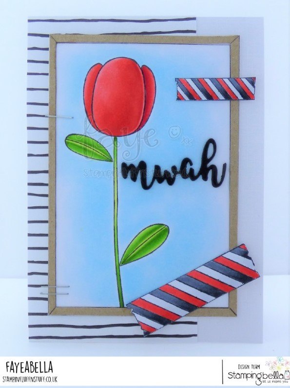 www.stampingbella.com: rubber stamps used: Tulip Floral set, Washi Tape set, Corkboard backdrop and MWAH CUT IT OUT DIE sentiment set