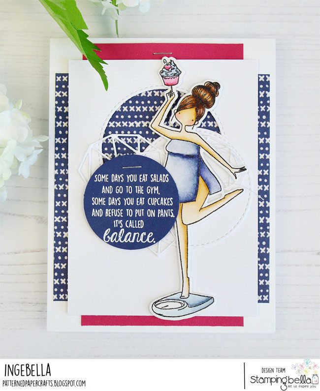 www.stampingbella.com: rubber stamp used CURVY GIRL WITH GOOD BALANCE. Card by INGE GROOT