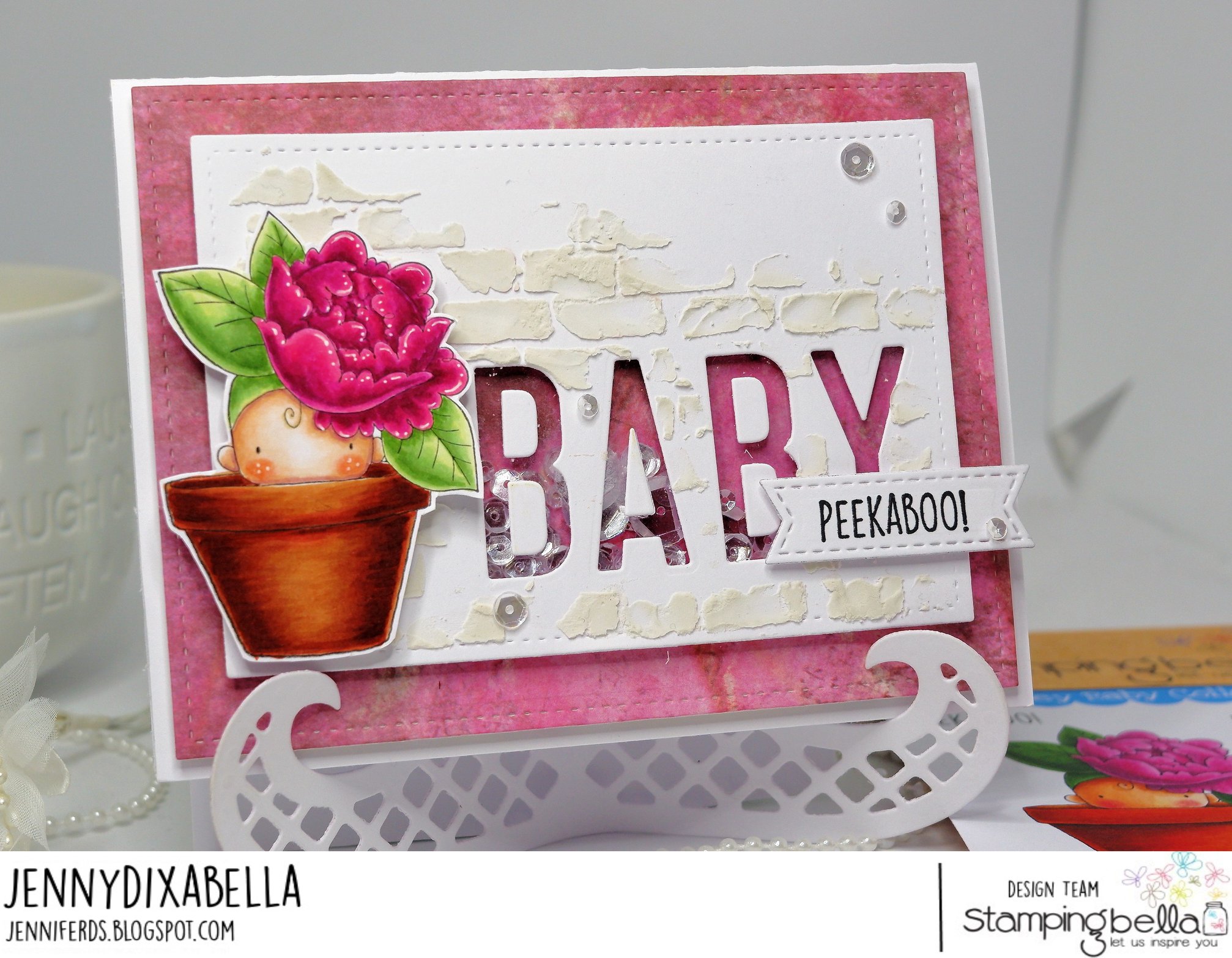 www.stampingbella.com: rubber stamp used Peony baby in a POT . Card by  Jenny Dix