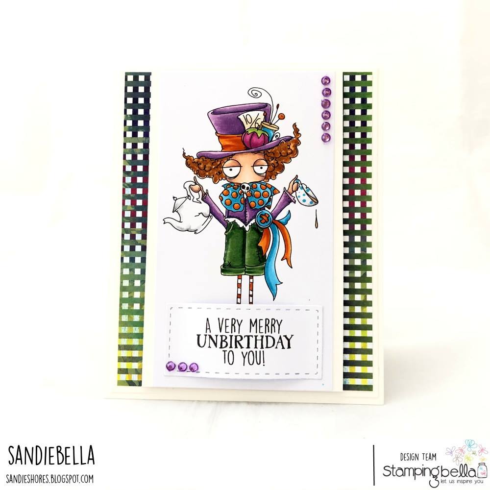 www.stampingbella.com: rubber stamp used ODDBALL MAD HATTER. Card by SANDIE DUNNE