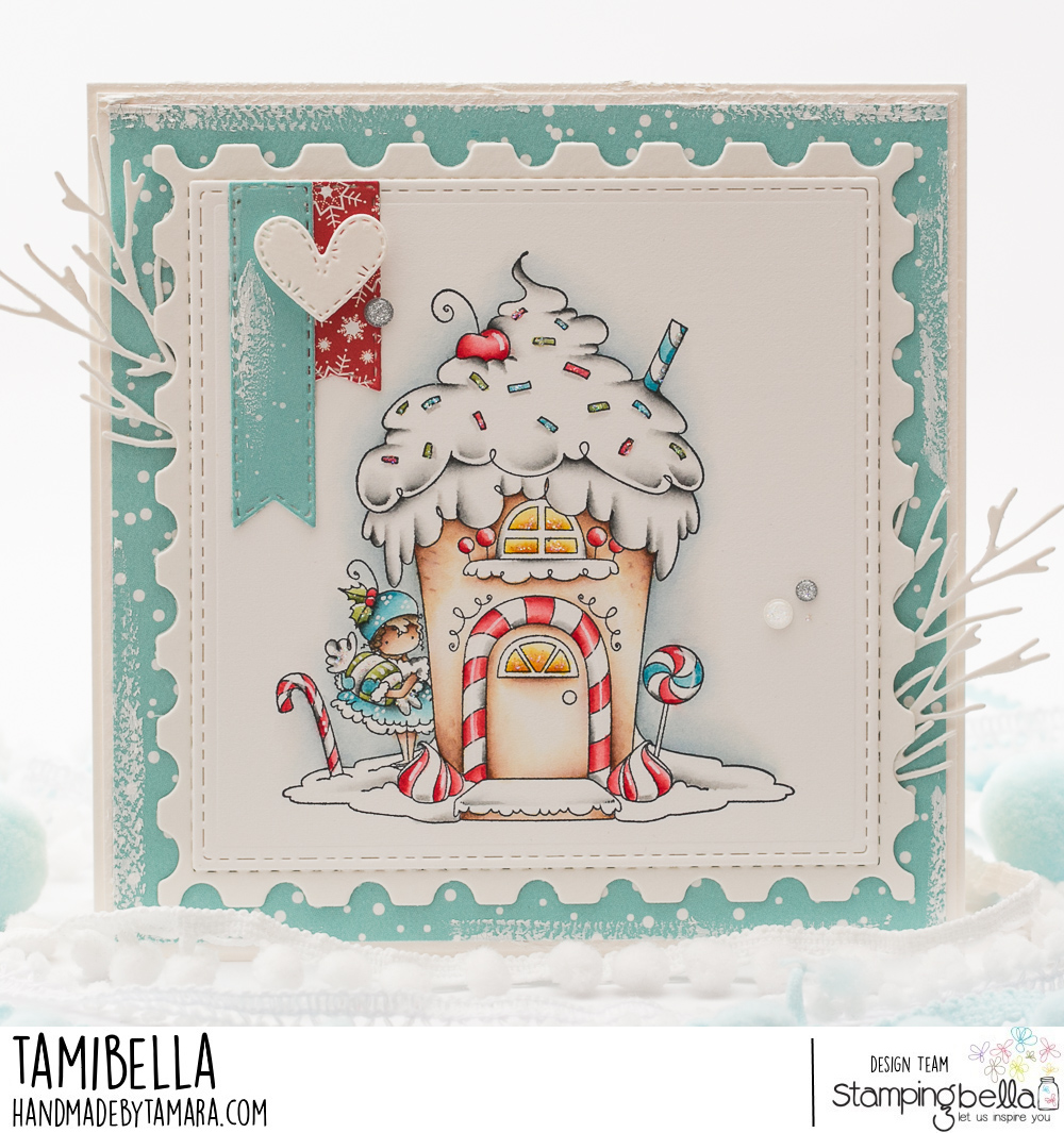 www.stampingbella.com: rubber stamp used: Teeny Tiny Townie GINGERBREAD house.  Card by Tamara Potocznik