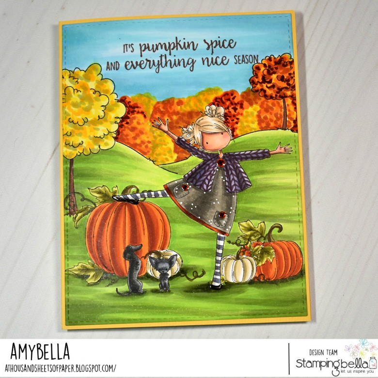 www.stampingbella.com: rubber stamps used Tiny Townie Layla, Summer Backdrop, Party dogs, Set of pumpkins . card by Amy Young