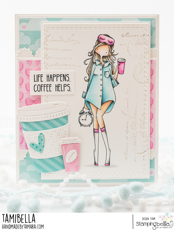 www.stampingbella.com: rubber stamp used CURVY GIRL LOVES COFFEE.  Card by Tamara Potocznik