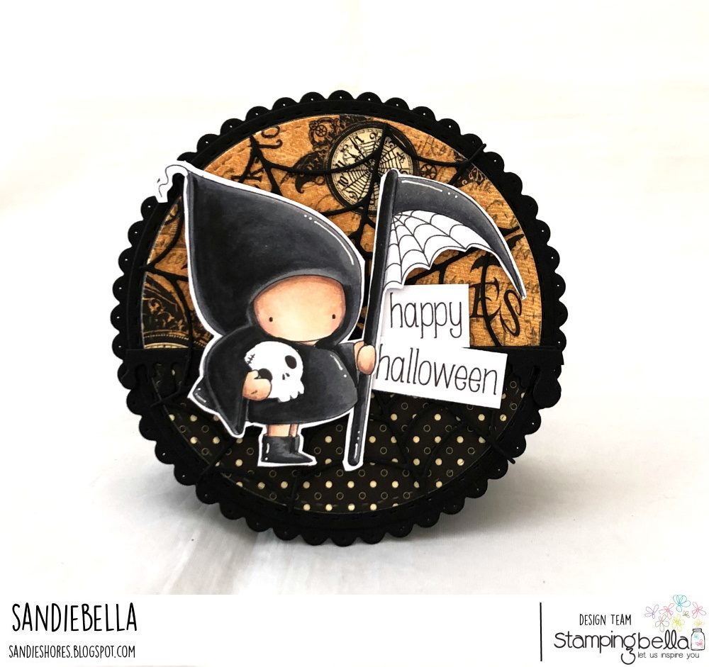 www.stampingbella.com: rubber stamp used; GRIM REAPER BUNDLE GIRL.  card by Sandie Dunne