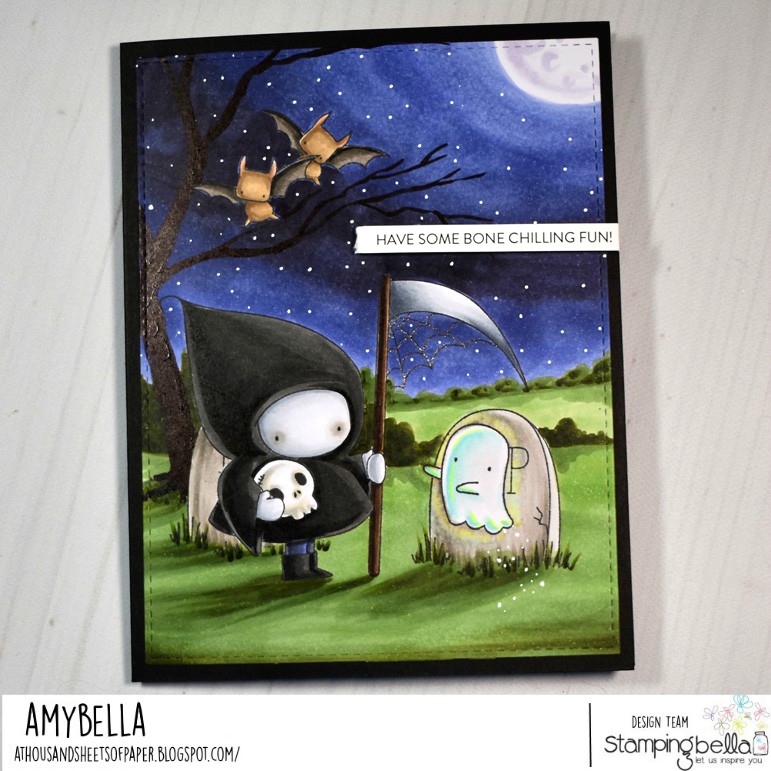 www.stampingbella.com: rubber stamp used: GRIM REAPER BUNDLE GIRL. Card by Amy Young