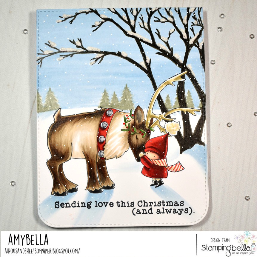 www.stampingbella.com: rubber stamp used : BUNDLE GIRL with REINDEER. Card by AMY YOUNG