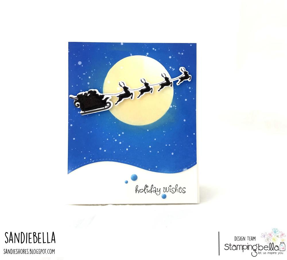 www.stampingbella.com: rubber stamp used: SANTA'S SLEIGH SILHOUETTE. CARD BY SANDIE DUNNE