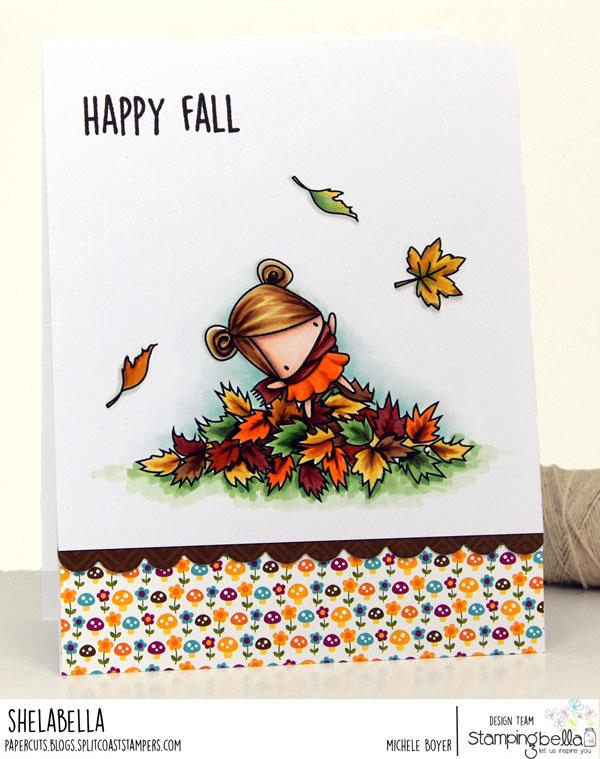 www.stampingbella.com: rubber stamp used: LITTLE BITS PLAYING IN THE LEAVES. CARD BY MICHELE BOYER