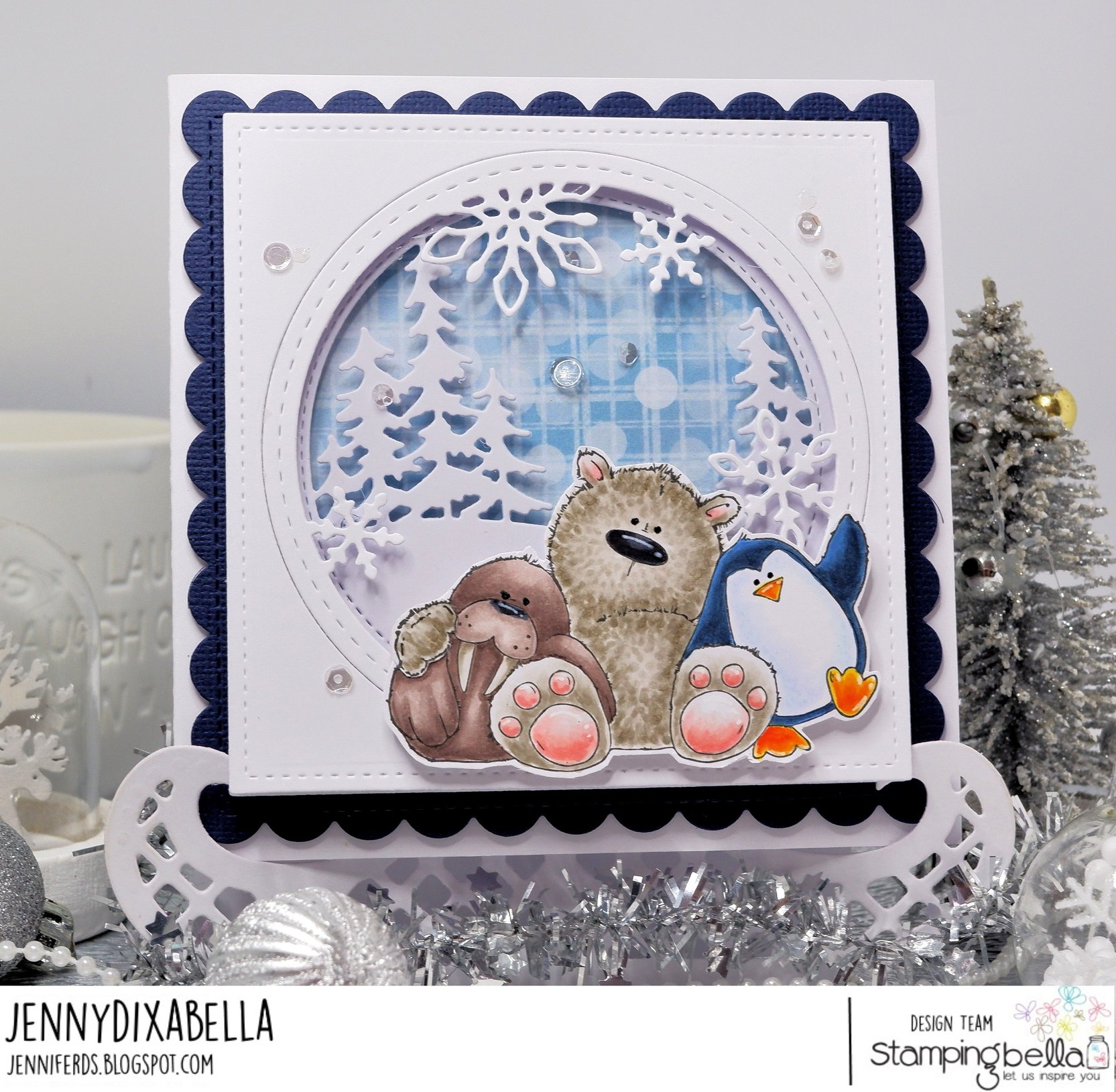 www.stampingbella.com: rubber stamp used: THE WALRUS THE POLAR BEAR and the PENGUIN. card by Jenny Dix