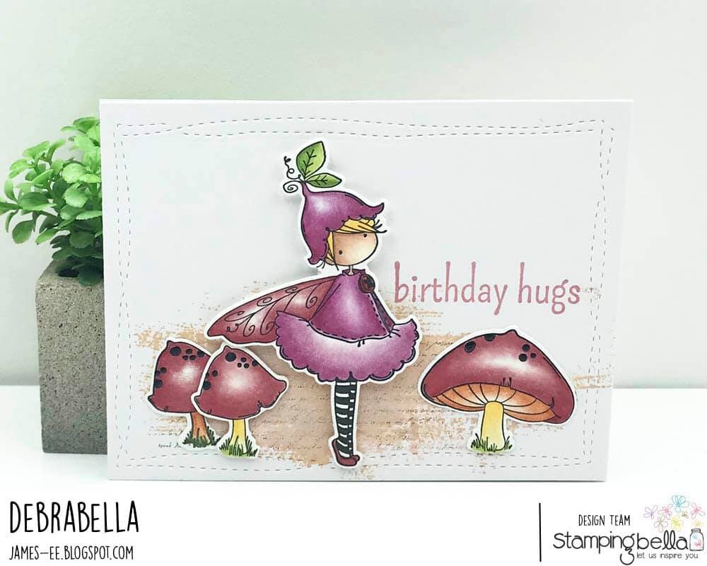 www.stampingbella.com: rubber stamp used: TINY TOWNIE FAIRY GARDEN FAIRY. CARD BY DEBRA JAMES