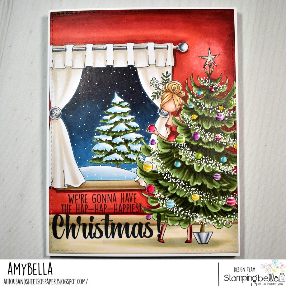 www.stampingbella.com: rubber stamps used WINTER WINDOW, CURVY GIRL and her tree and our HOLIDAY FUN sentiment set.  CARD BY AMY YOUNG