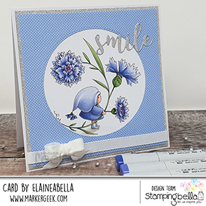 www.stampingbella.com: rubber stamp used: BUNDLE GIRL WITH A CORNFLOWER. Card by Elaine Hughes