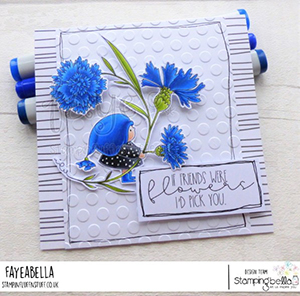 www.stampingbella.com: rubber stamp used: BUNDLE GIRL WITH A CORNFLOWER. Card by Faye Wynn Jones