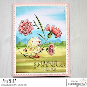 www.stampingbella.com: rubber stamp used: BUNDLE GIRL WITH A CORNFLOWER. Card by Amy Young