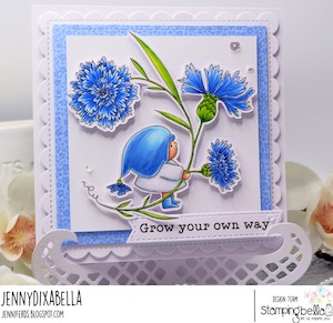 www.stampingbella.com: rubber stamp used: BUNDLE GIRL WITH A CORNFLOWER. Card by Jenny Dix