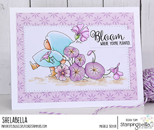 www.stampingbella.com: Rubber stamp used BUNDLE GIRL FLOWER MARCH card by Michele Boyer