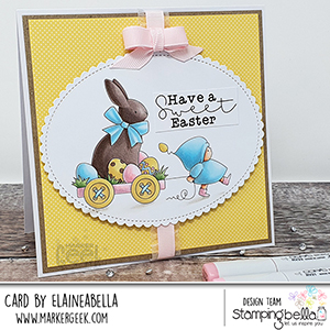 www.stampingbella.com: rubber stamp used BUNDLE GIRL with a CHOCOLATE BUNNY. card by Elaine Hughes