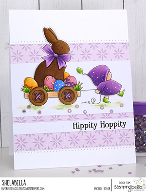 www.stampingbella.com: rubber stamp used BUNDLE GIRL with a CHOCOLATE BUNNY. card by Michele Boyer