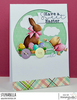 www.stampingbella.com: rubber stamp used BUNDLE GIRL with a CHOCOLATE BUNNY. card by Stephanie Hill