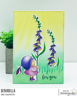 www.stampingbella.com: rubber stamp used BUNDLE GIRL with a FOXGLOVE. card by Debra James