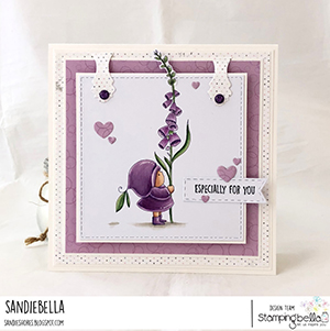 www.stampingbella.com: rubber stamp used BUNDLE GIRL with a FOXGLOVE. card by Sandie Dunne