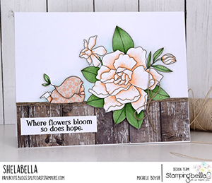 www.stampingbella.com: rubber stamp used Bundle girl with a GARDENIA.. card by Michele Boyer