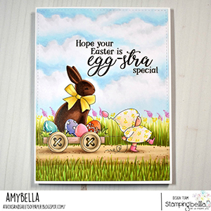 www.stampingbella.com: rubber stamp used BUNDLE GIRL with a CHOCOLATE BUNNY. card by Amy Young