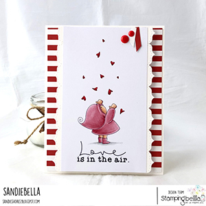 www.stampingbella.com: rubber stamp used BUNDLE GIRL WITH FALLING HEARTS. card by Sandie Dunne