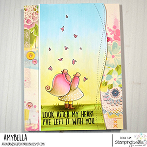 www.stampingbella.com: rubber stamp used BUNDLE GIRL WITH FALLING HEARTS. card by AMY YOUNG