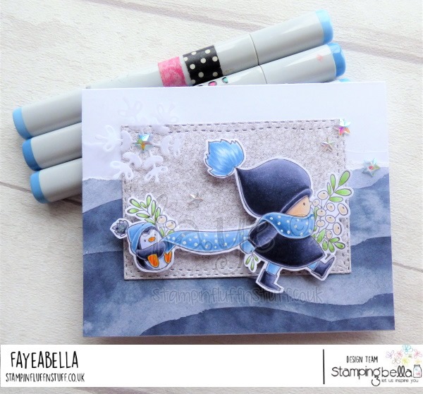 www.stampingbella.com: rubber stamp used BUNDLE GIRL WITH A PENGUIN. card by FAYE WYNN JONES