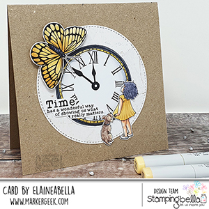 www.stampingbella.com: Rubber stamp used: EDGAR AND MOLLY VINTAGE CLOCK SET card by Elaine Hughes