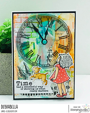 www.stampingbella.com: Rubber stamp used: EDGAR AND MOLLY VINTAGE CLOCK SET card by Debra James