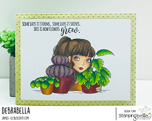 www.stampingbella.com: Rubber stamp used: MOCHI PLANT GIRL card by DEBRA JAMES